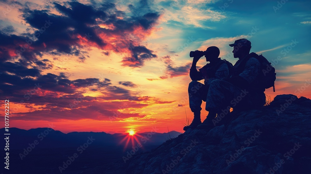 Obraz premium Silhouetted soldiers on a hill, one holding binoculars, sunset in the distance creating a vivid contrast.