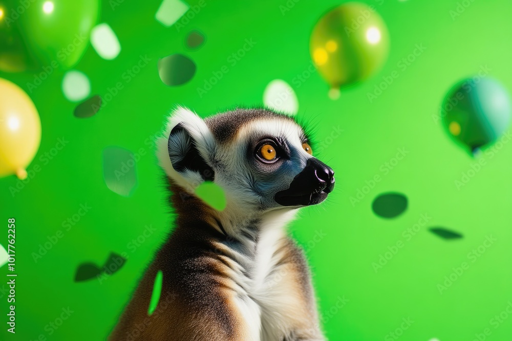 Obraz premium Vibrant Lemur Close-Up with Green Balloons and Festive Confetti