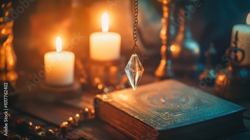 crystal pendulum swinging , altar with an ancient book and lit candles, , emphasizing the connection to the mystical