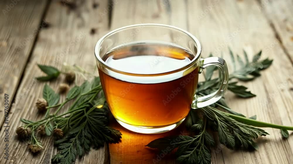 Medicinal concoction in a small glass cup with herbs around it. Generative AI