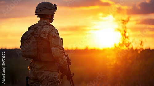 Soldier standing guard, the setting sun highlighting their outline, rifle slung across their chest.