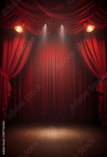 Red curtains on a stage with spotlights shining through, creating a dramatic and theatrical atmosphere