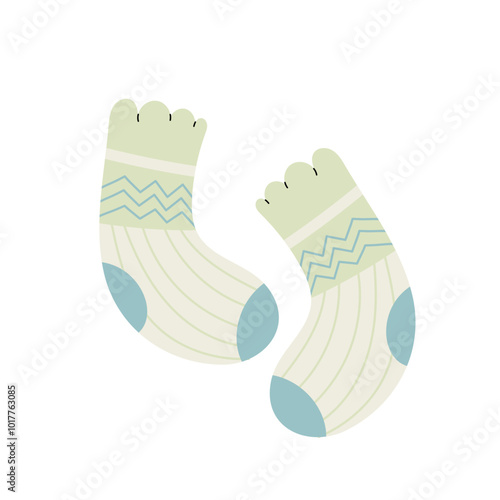 Pair socks. Striped socks. Kids socks with a ruffle. Flat illustration on a white background. Autumn and winter cozy season. Accessorize. 