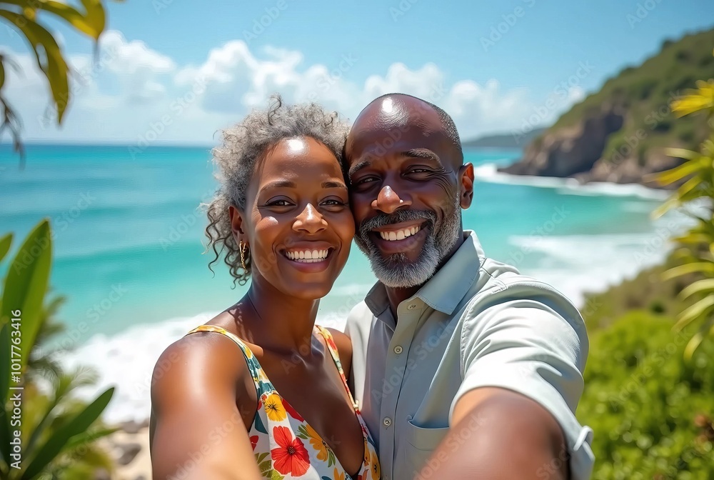Joyful middle-aged Black couple taking a selfie outdoors with a scenic ocean view in the background Joyful middle-aged Black couple taking a selfie outdoors with a scenic ocean view in the background