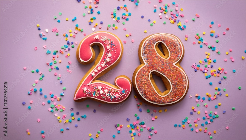 Decorated cookie, number 28, image for birthday or anniversary celebration Decorated cookie, number 28, image for birthday or anniversary celebration
