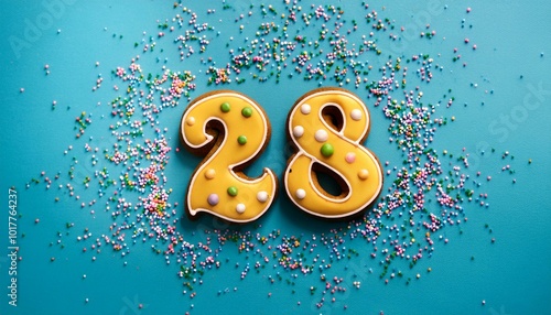 Decorated cookie, number 28, image for birthday or anniversary celebration photo