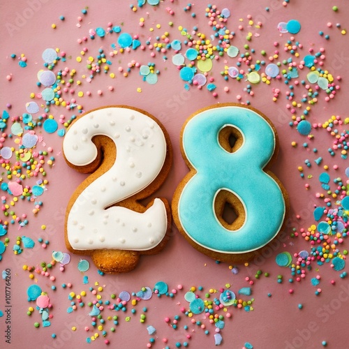 Decorated cookie, number 28, image for birthday or anniversary celebration photo