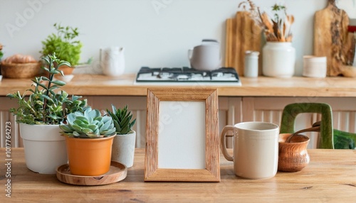 Wallpaper Mural Retro and stylish interior of kitchen space with small wooden table with brown mock up photo frame, design cups and vintage chairs.Scandinavian room decor with kitchen accessories and succulents. Torontodigital.ca