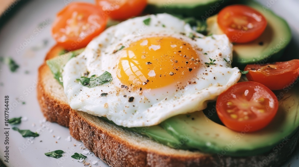 Toast topped with heart egg, avocado slices, cherry tomatoes, and a sprinkle of salt. Toast topped with heart egg, avocado slices, cherry tomatoes, and a sprinkle of salt.