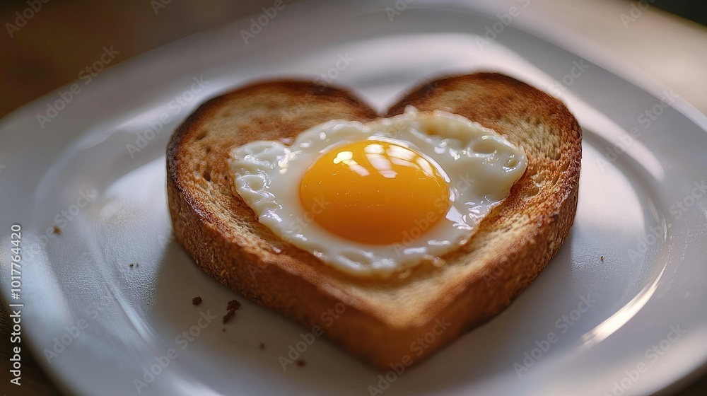 Toast with heart-shaped egg, golden yolk centered, warm and cozy breakfast setting. Toast with heart-shaped egg, golden yolk centered, warm and cozy breakfast setting.