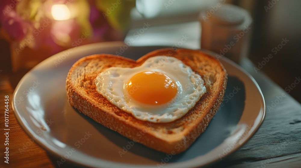 Toast with heart-shaped egg, golden yolk centered, warm and cozy breakfast setting. Toast with heart-shaped egg, golden yolk centered, warm and cozy breakfast setting.