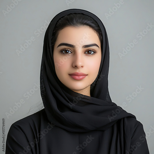 A minimalistic young arabic woman with hijab portrait professional profile picture with soft color background.