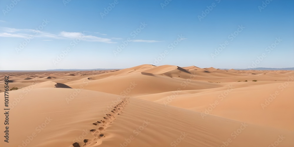 A vast desert landscape with rolling sand dunes under a clear blue sky A vast desert landscape with rolling sand dunes under a clear blue sky