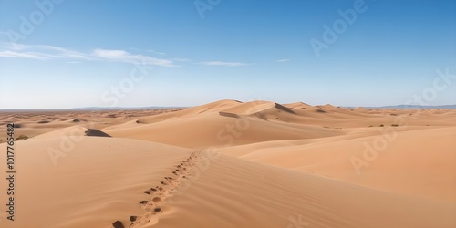 A vast desert landscape with rolling sand dunes under a clear blue sky