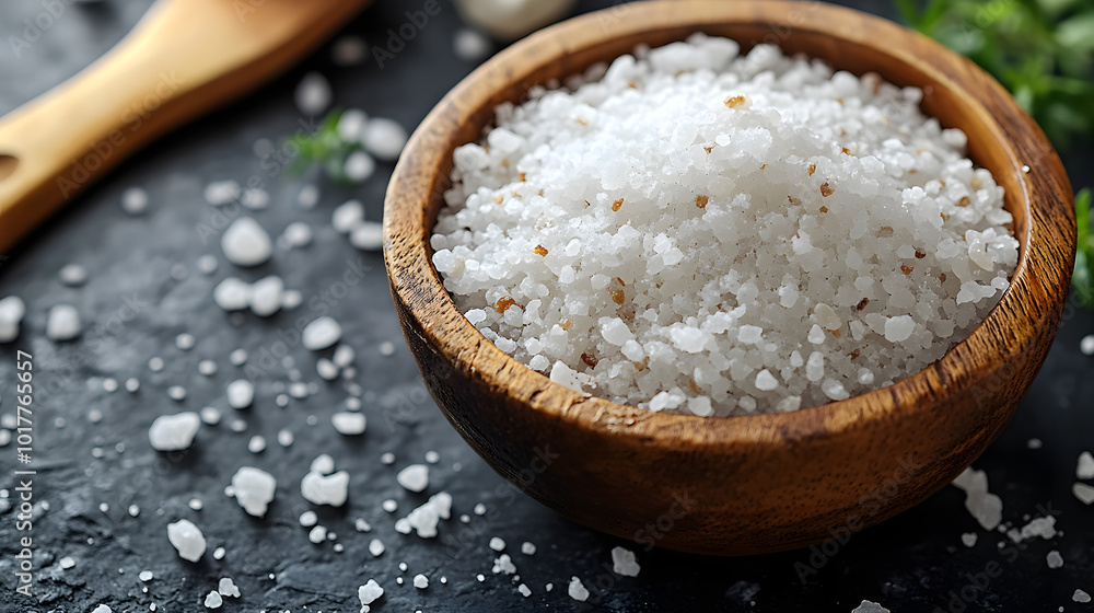 A wooden bowl of sea salt on the right side with some salt scattered on a white surface.
A wooden bowl of sea salt on the right side with some salt scattered on a white surface.