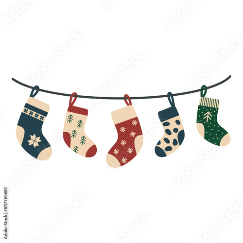 A set of winter cotton and wool socks with different patterns, patterns, colors and designs. Collection of cute winter shoes in the background. Colorful flat textured vector illustration.