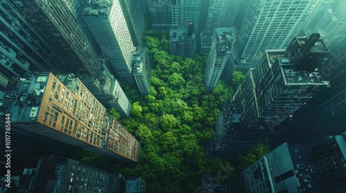 Aerial perspective of urban jungle, vibrant macro details of scientific wonders, harmonious blend of nature and cityscape photo