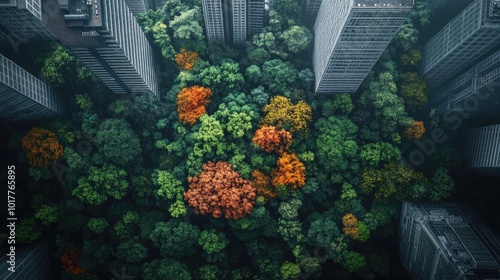 Aerial perspective of urban jungle, vibrant macro details of scientific wonders, harmonious blend of nature and cityscape photo