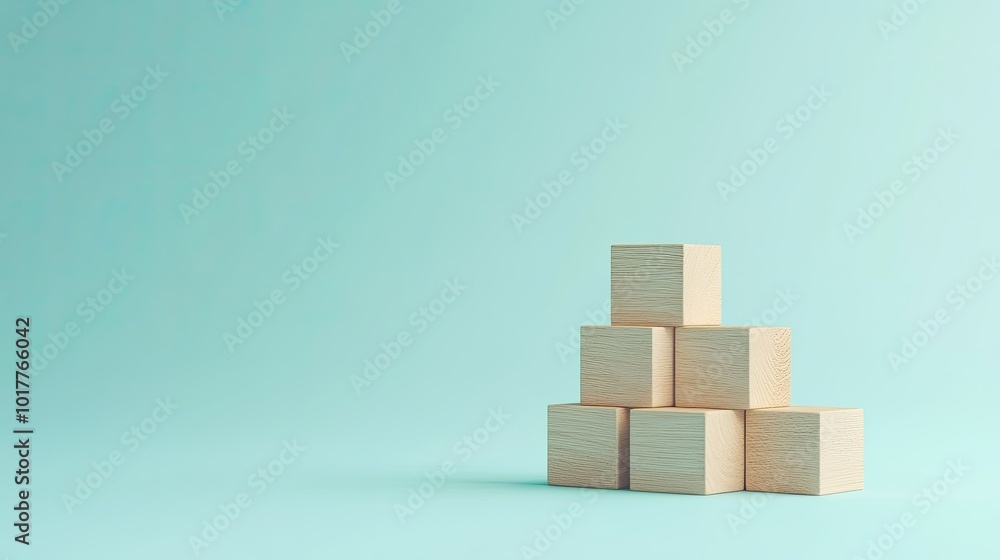 Stacked wooden blocks arranged as steps on a light blue background, representing growth and progress in business. Minimalist design with plenty of copy space. Stacked wooden blocks arranged as steps on a light blue background, representing growth and progress in business. Minimalist design with plenty of copy space.