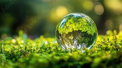 Water drop globe centered on dewy grass, reflecting vibrant greenery and energy flow.