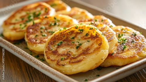 Crispy potato pancakes on a white rectangular plate, garnished with fresh parsley.