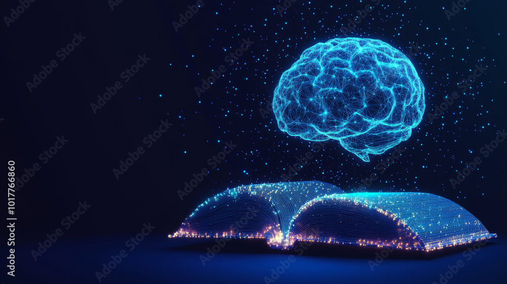 A glowing, open book with a brain shaped like a flower sits on a platform, against a dark blue background. This futuristic design symbolizes the power of knowledge, education.low poly wireframe. A glowing, open book with a brain shaped like a flower sits on a platform, against a dark blue background. This futuristic design symbolizes the power of knowledge, education.low poly wireframe.