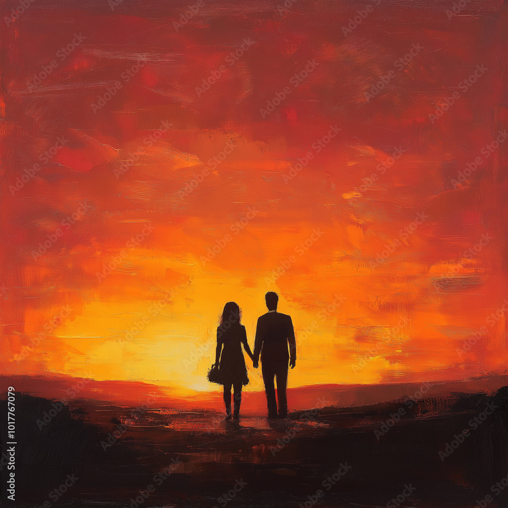 A couple standing side by side, holding hands and looking at the sunset on the horizon A couple standing side by side, holding hands and looking at the sunset on the horizon