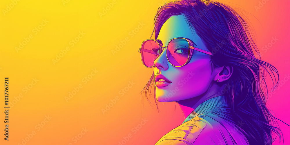 Fashion model posing with sunglasses and colorful background Fashion model posing with sunglasses and colorful background