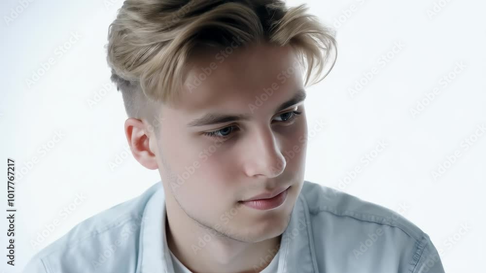 A young man is seated in a thoughtful pose, showcasing his casual fashion choices against a minimalist background A young man is seated in a thoughtful pose, showcasing his casual fashion choices against a minimalist background