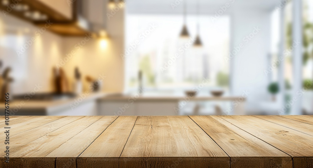 Wooden table with a blurred kitchen backdrop, showcasing modern interior design and cozy atmosphere. Wooden table with a blurred kitchen backdrop, showcasing modern interior design and cozy atmosphere.