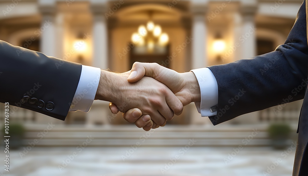 Business Handshake in Front of a Grand Building Business Handshake in Front of a Grand Building