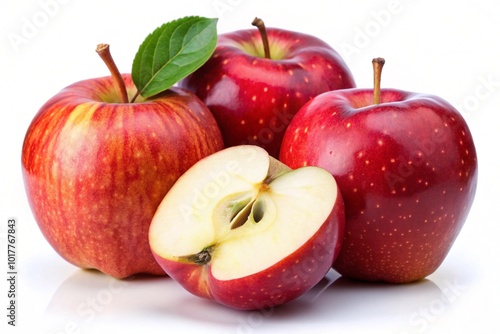 Red apple with leaf and slice on white background