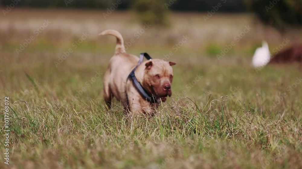 A Shar Pei dog runs through a beautiful autumn meadow, then sits and relaxes on the grass. The cloudy, windy day adds movement to the leaves, creating a serene yet lively atmosphere. A Shar Pei dog runs through a beautiful autumn meadow, then sits and relaxes on the grass. The cloudy, windy day adds movement to the leaves, creating a serene yet lively atmosphere.
