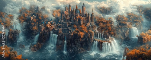 Drone photography of a mythical realm, featuring towering castles and cascading waterfalls, surreal architectural beauty and vibrant landscapes photo