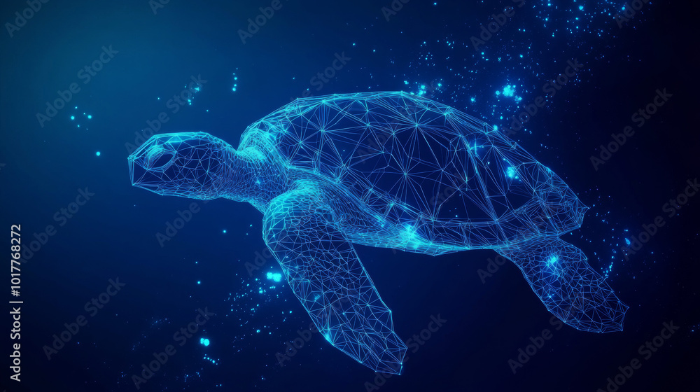 A digital blue background shows a sea turtle made of geometric shapes. This 3D design uses a simple, modern style to represent the underwater world.low poly wireframe. A digital blue background shows a sea turtle made of geometric shapes. This 3D design uses a simple, modern style to represent the underwater world.low poly wireframe.