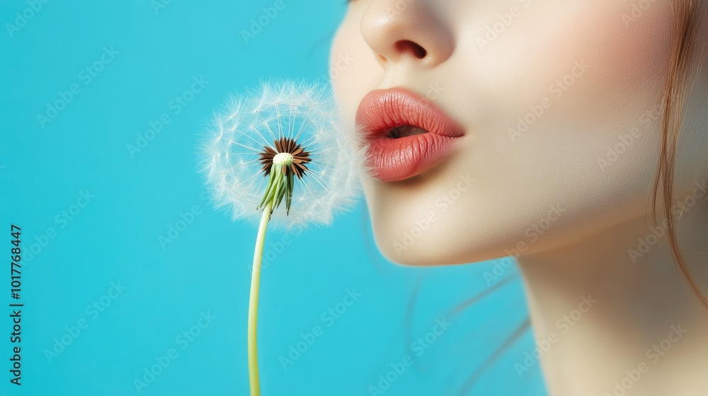 Enchanting Breeze: Close-Up of Woman and Dandelion Enchanting Breeze: Close-Up of Woman and Dandelion