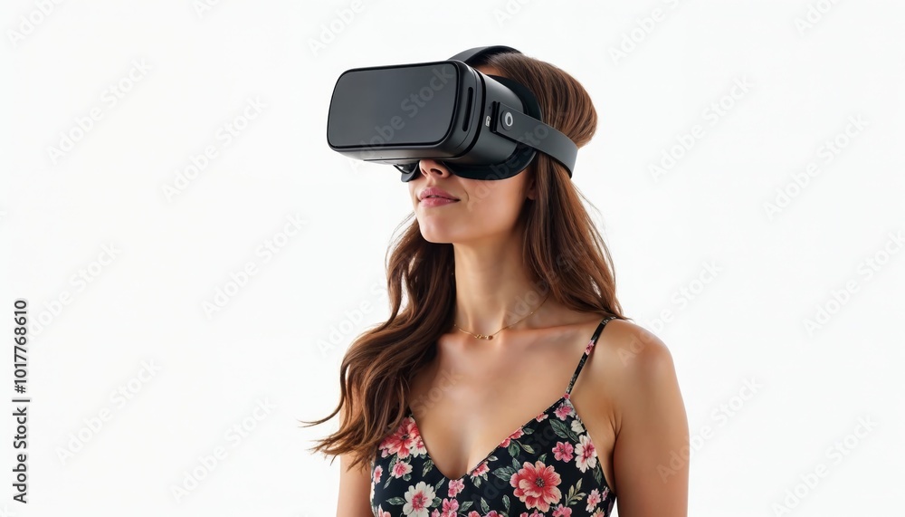 Young Woman Experiencing Virtual Reality in Bright Room for Technology Promotion Young Woman Experiencing Virtual Reality in Bright Room for Technology Promotion