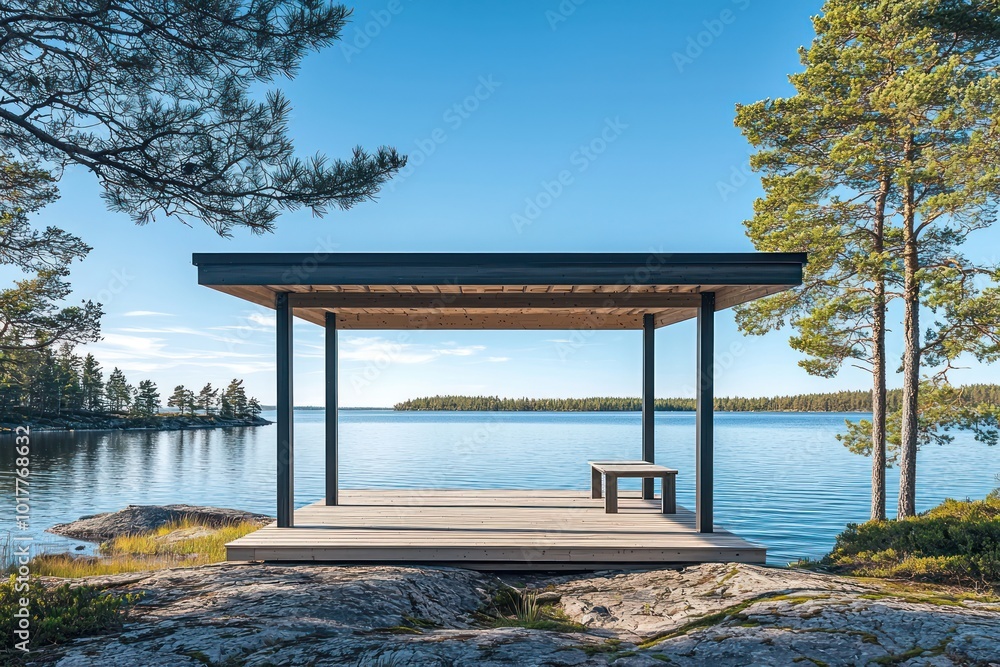 Serene northern waters viewed from a minimalist Finnish lakeside pergola. Serene northern waters viewed from a minimalist Finnish lakeside pergola.