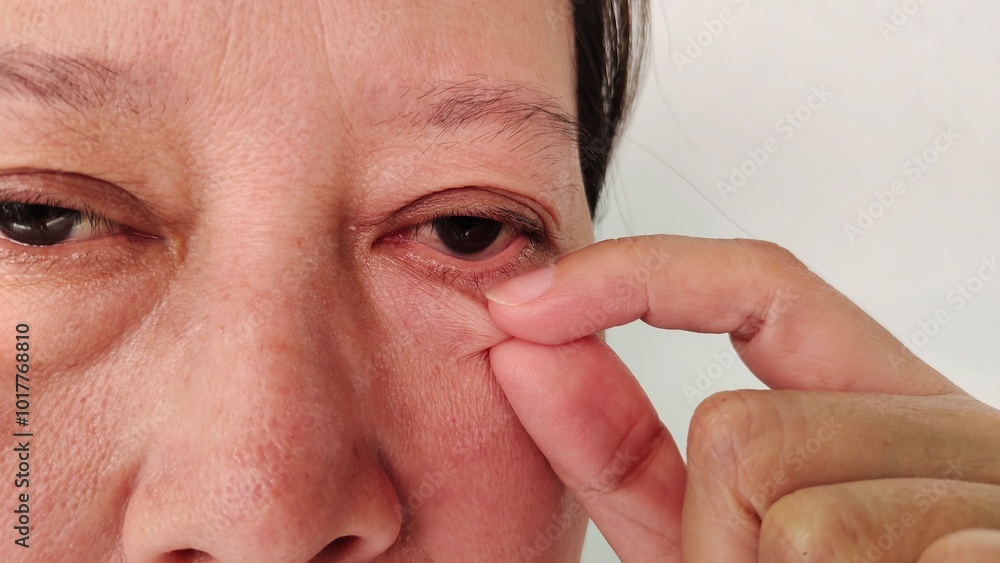 Fototapeta premium portrait the fingers holding the flabbiness adipose sagging skin under the eyes, swelling and ptosis, dark spots and blemish on the face, health care and beauty concept.