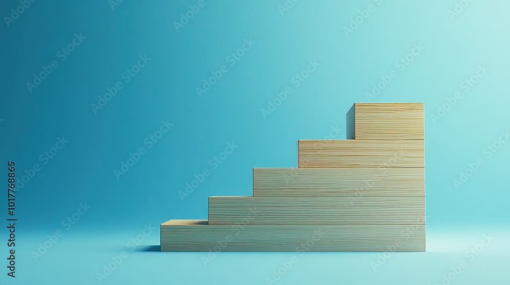 Wooden block steps rising on a blue paper backdrop, illustrating a concept of steady business growth and improvement. Clean, simple layout with room for copy. Wooden block steps rising on a blue paper backdrop, illustrating a concept of steady business growth and improvement. Clean, simple layout with room for copy.