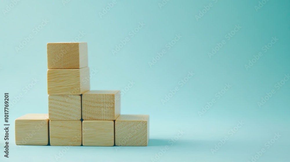 Wooden blocks in a stair formation on a light blue background, demonstrating a clear path to business growth. Plenty of empty space for promotional text or logos. Wooden blocks in a stair formation on a light blue background, demonstrating a clear path to business growth. Plenty of empty space for promotional text or logos.