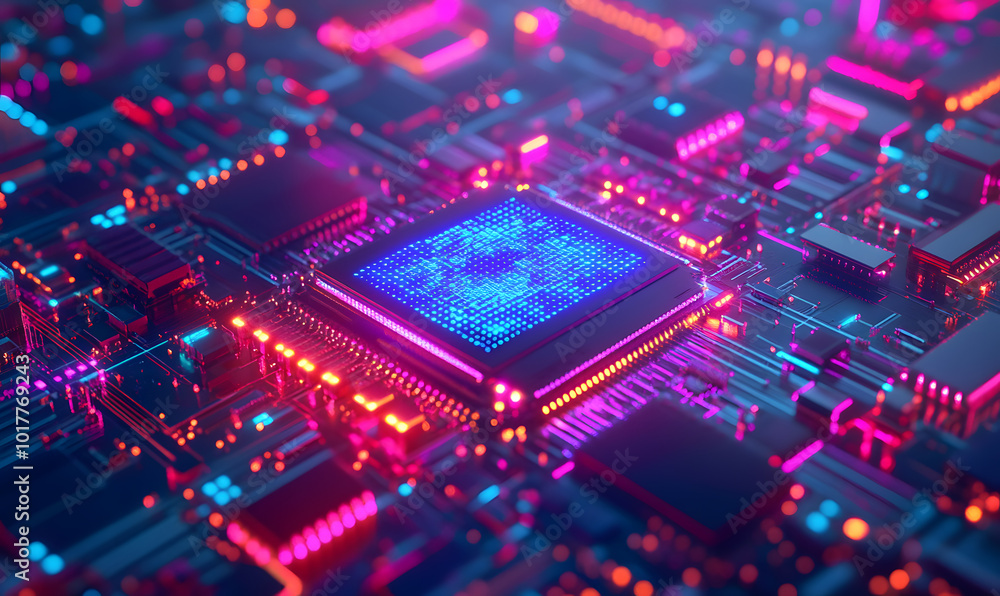 Futuristic AI Chip with Neon Circuits and Dynamic Data Streams in High-Tech Digital Environment Futuristic AI Chip with Neon Circuits and Dynamic Data Streams in High-Tech Digital Environment