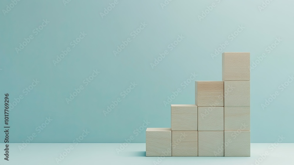Wooden blocks in a stair formation on a light blue background, demonstrating a clear path to business growth. Plenty of empty space for promotional text or logos. Wooden blocks in a stair formation on a light blue background, demonstrating a clear path to business growth. Plenty of empty space for promotional text or logos.