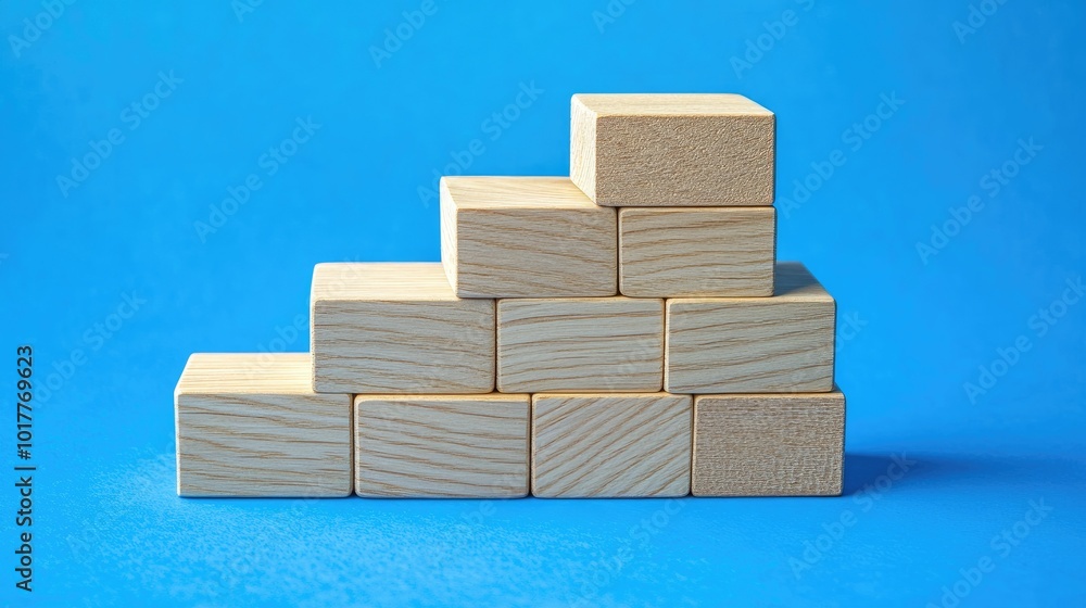 Wooden blocks stacked in a staircase formation on a blue paper background, symbolizing business growth and success. Ample copy space for text or business messages. Wooden blocks stacked in a staircase formation on a blue paper background, symbolizing business growth and success. Ample copy space for text or business messages.