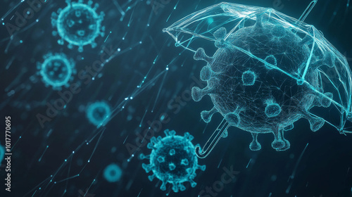 A futuristic design shows glowing, geometric virus cells with an umbrella protecting them on a dark blue background. This represents the immune system fighting off COVID-19.low poly wireframe.