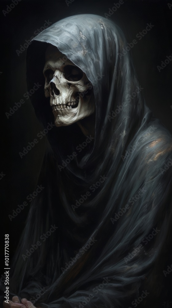 Grim reaper wearing a black hooded cloak looking downward Grim reaper wearing a black hooded cloak looking downward