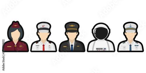 Transportation Profession Figures Flat Vector Icons set of Pilot, Machinist, Astronaut, Skipper, Air Hostess