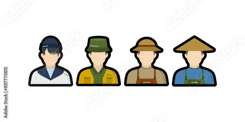 Farmer Figures Flat Vector Icons set of Sailor, Fisherman, Breeder, Farmer