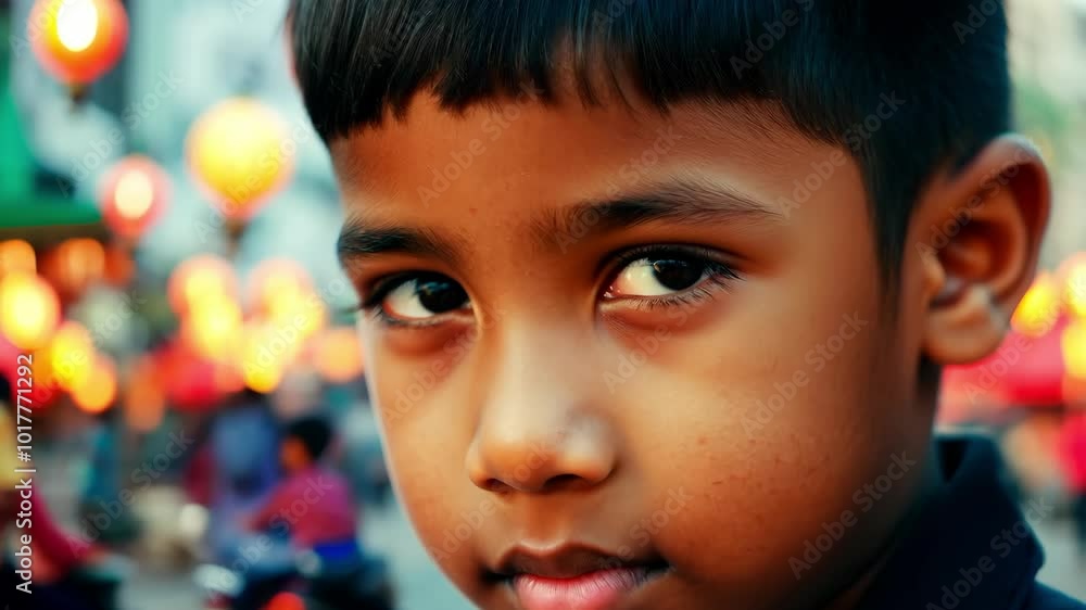 Child's curious gaze amidst vibrant festive street lights Child's curious gaze amidst vibrant festive street lights
