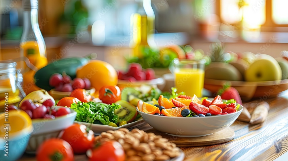 Fresh fruits, bright vegetables, and hearty nuts are spread across a wooden table, promoting healthy eating in a warm kitchen environment. Generative AI Fresh fruits, bright vegetables, and hearty nuts are spread across a wooden table, promoting healthy eating in a warm kitchen environment. Generative AI
